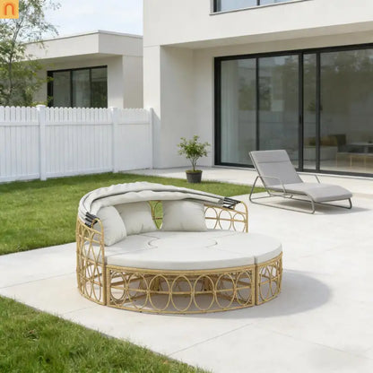 Outdoor Daybed Set PE Rattan Canopy 4 Piece Cream