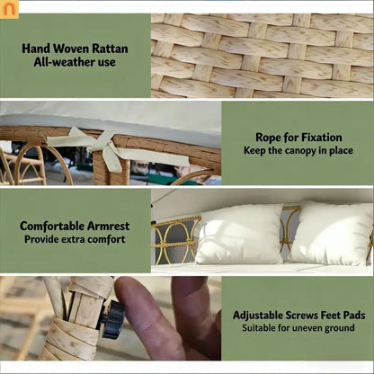 Outdoor Daybed Set PE Rattan Canopy 4 Piece Cream