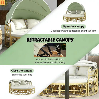 Outdoor Daybed Set PE Rattan Canopy 4 Piece Cream