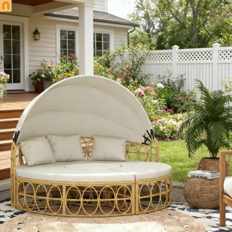 Outdoor Daybed Set PE Rattan Canopy 4 Piece Cream