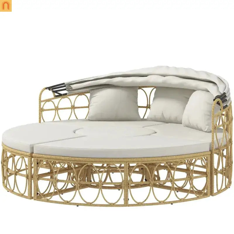 Outdoor Daybed Set PE Rattan Canopy 4 Piece Cream