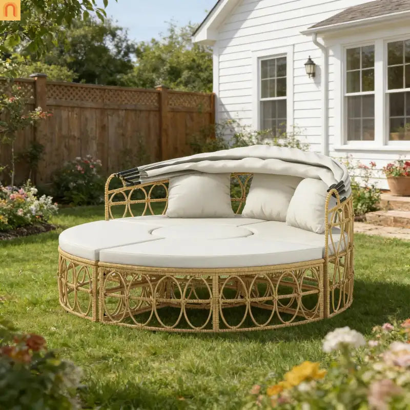 Outdoor Daybed Set PE Rattan Canopy 4 Piece Cream