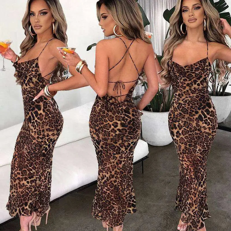 Leopard Printed Lace Up Slim Fit Long Dress