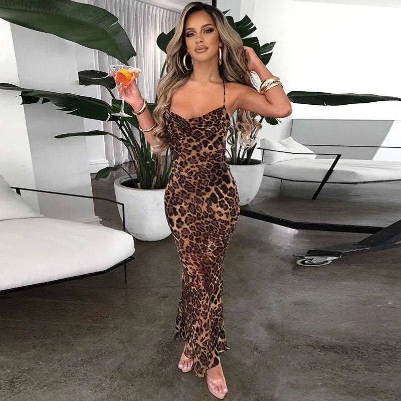 Leopard Printed Lace Up Slim Fit Long Dress