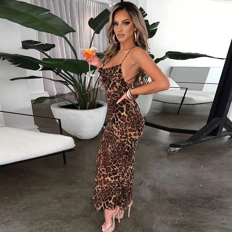 Leopard Printed Lace Up Slim Fit Long Dress