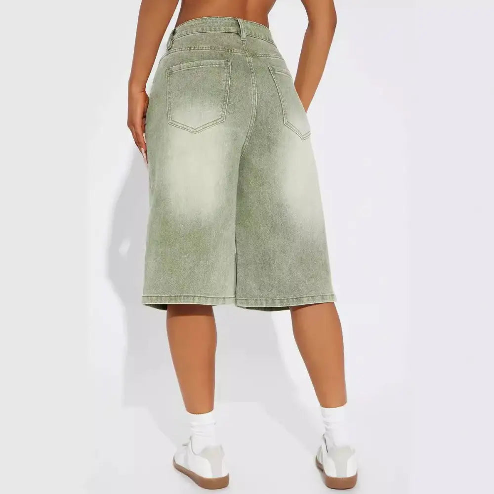 Light Green Jeans Double Belt Adjustable Buckle Shorts