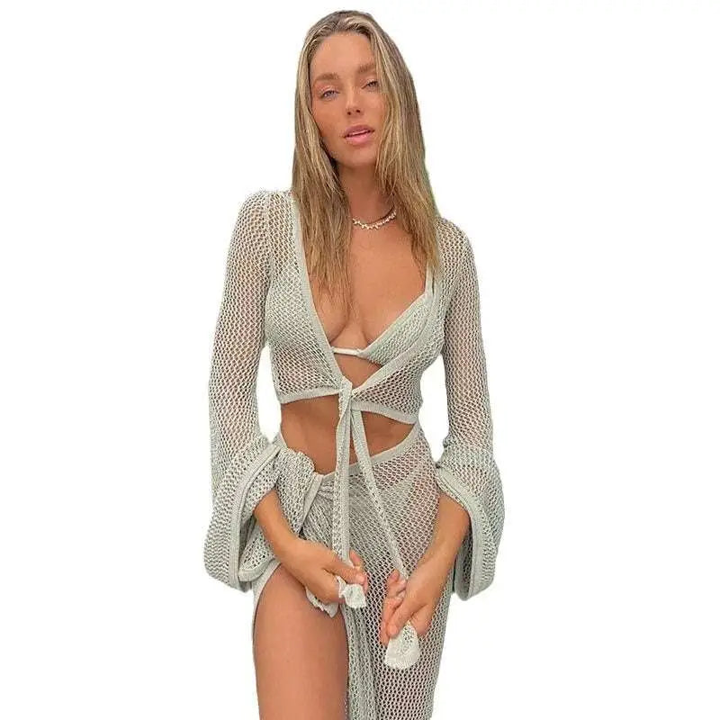 Light Green Long Sleeve Tied Two Piece Mesh Set