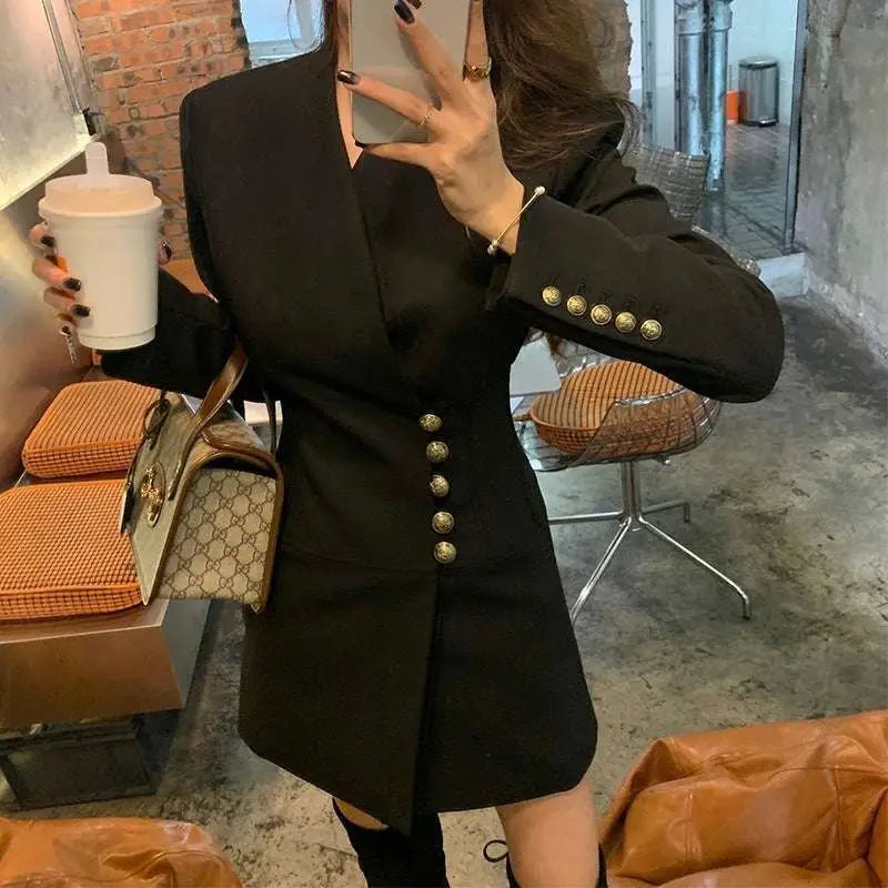 Lightly Cooked Style Black Gold Button Blazer Dress