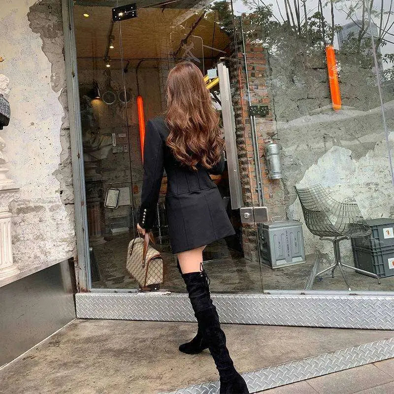 Lightly Cooked Style Black Gold Button Blazer Dress