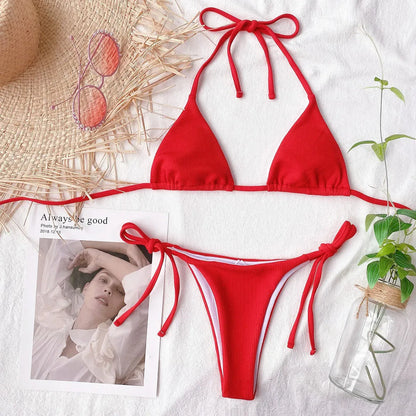 Ribbed String Bikini Set – Kawaii Halter Tie Beach Swimwear