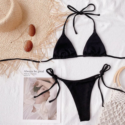 Ribbed String Bikini Set – Kawaii Halter Tie Beach Swimwear