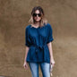 Linen-Blend Loose-Cut Casual Short Sleeve Top with Belt