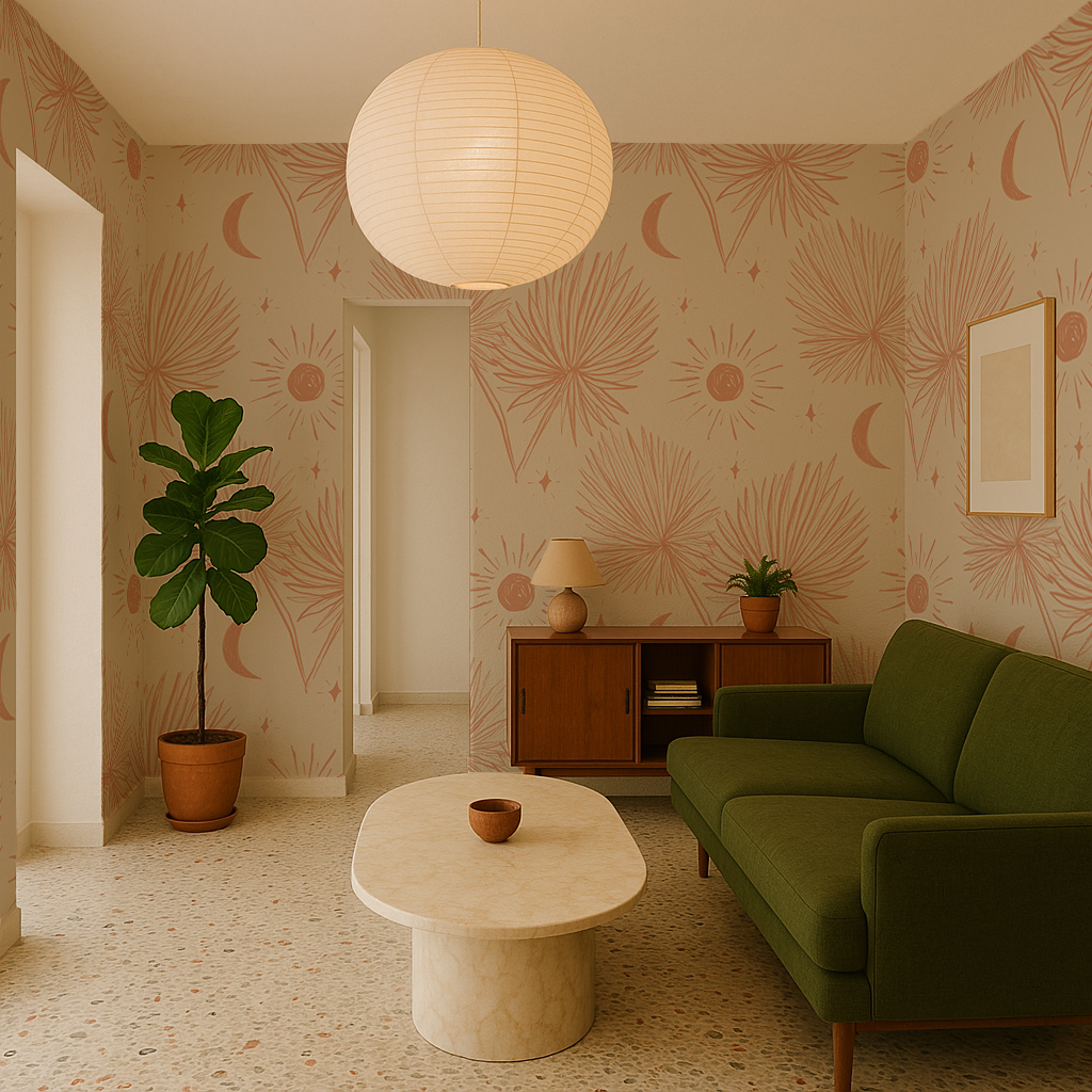 Night Palm Wallpaper, tan and terra cotta