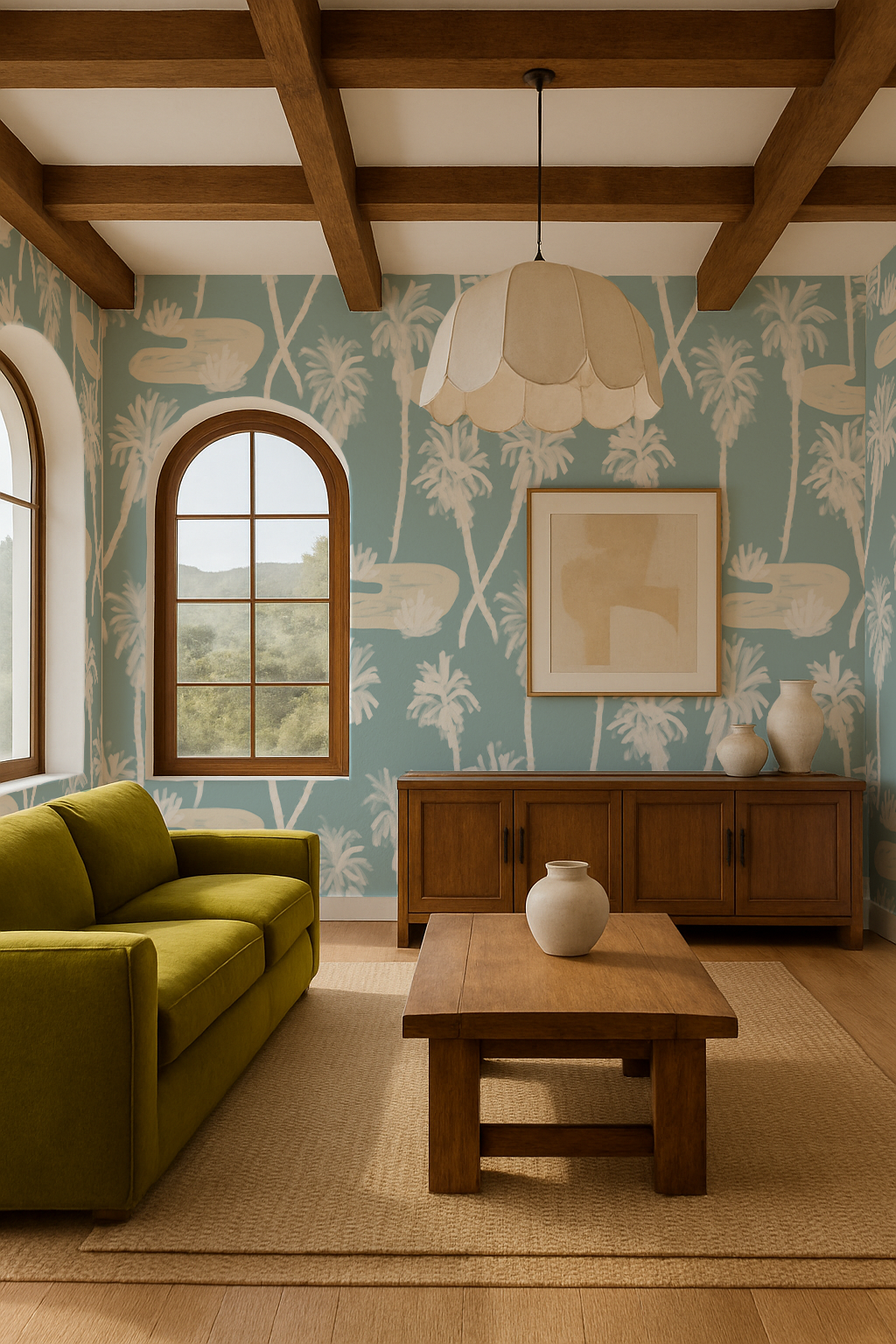Palm Oasis Wallpaper, dusty blue and white