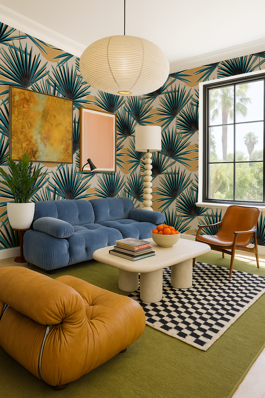 Palm Deco Wallpaper, blue and orange