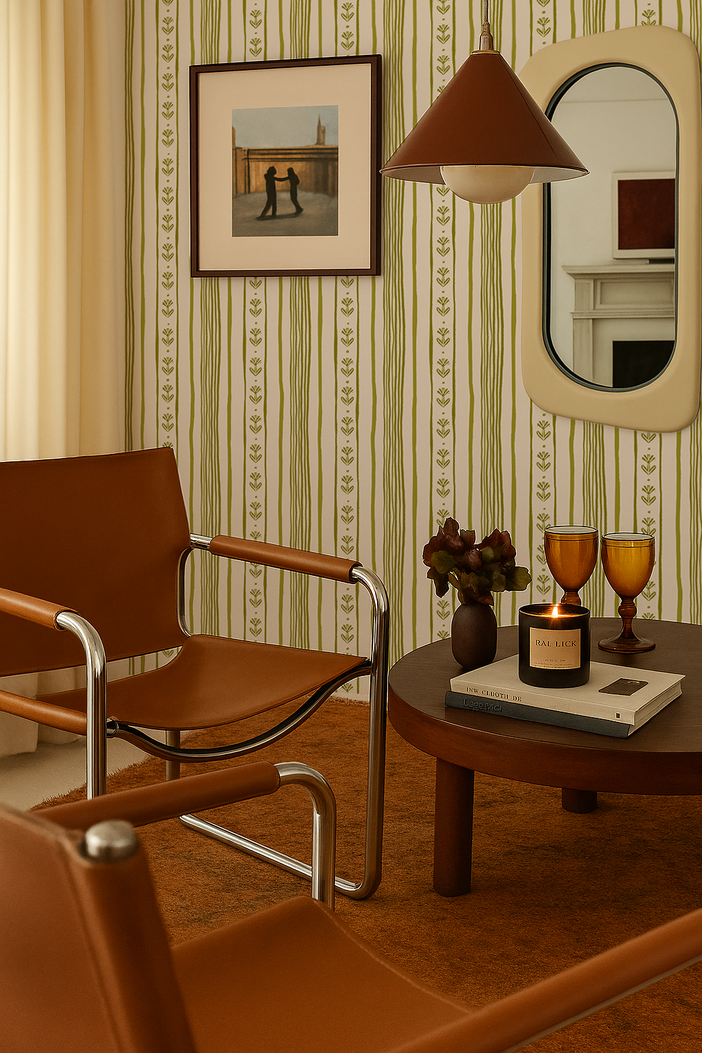 Daisy Chain Stripe Wallpaper, beige and chartreuse green