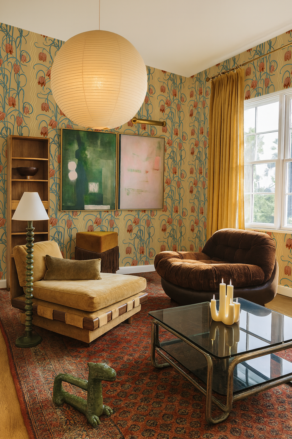 Campanas Wallpaper, butter yellow and slate blue