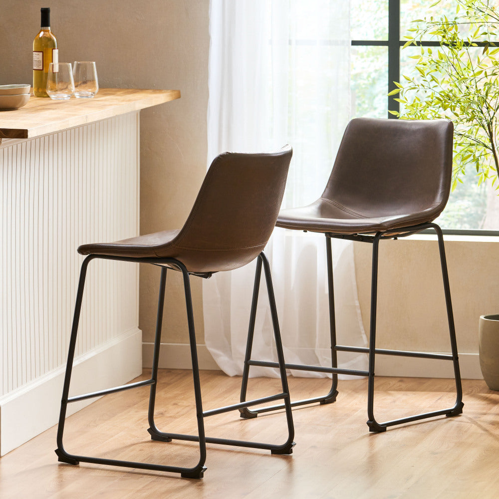 24" Vintage Brown Counter Stools with Wide Seat & Low Footrail | Set of 2 Upholstered Stools with Black Iron Frame
