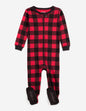 Kids Footed Cotton Pajama Black And  Red Plaid -