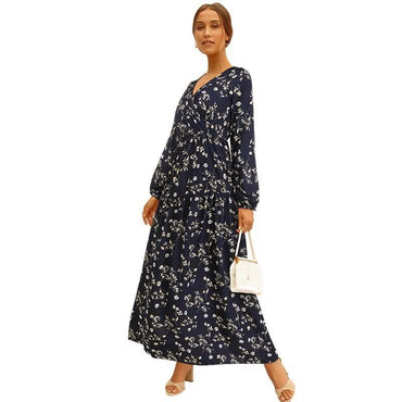 Long Sleeve Fashion Casual High Waist Maxi Dress Slim Floral Print V Neck