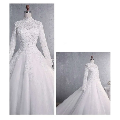 Long Sleeve Lace Wedding Dress with Large Tail