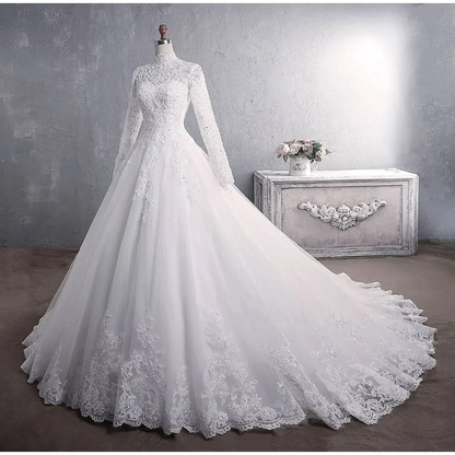 Long Sleeve Lace Wedding Dress with Large Tail
