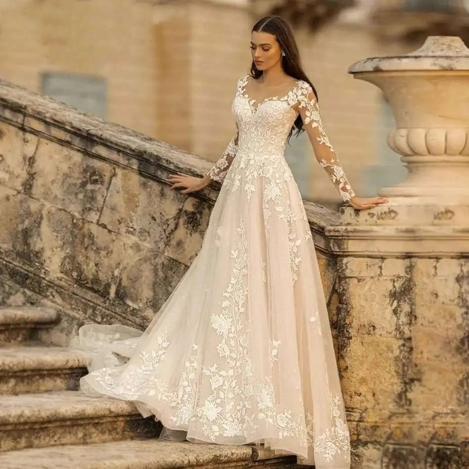 Long Sleeve Wedding Dress Mori Style Ivory Lace
