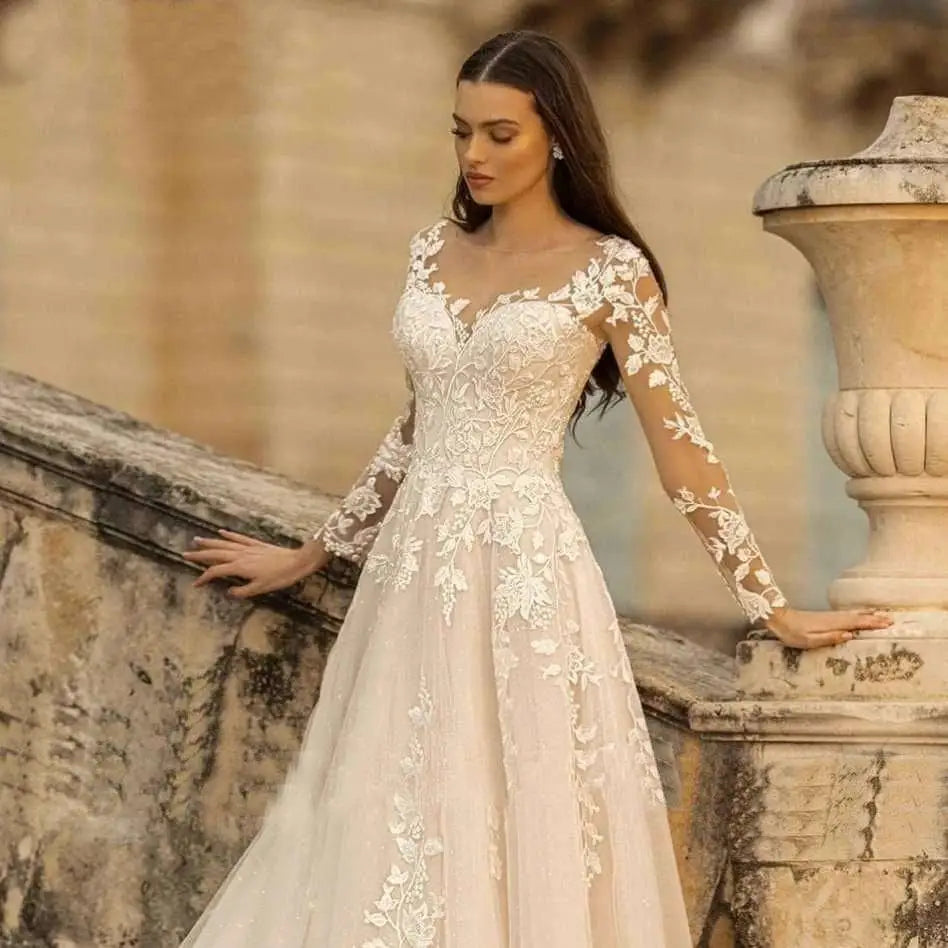 Long Sleeve Wedding Dress Mori Style Ivory Lace