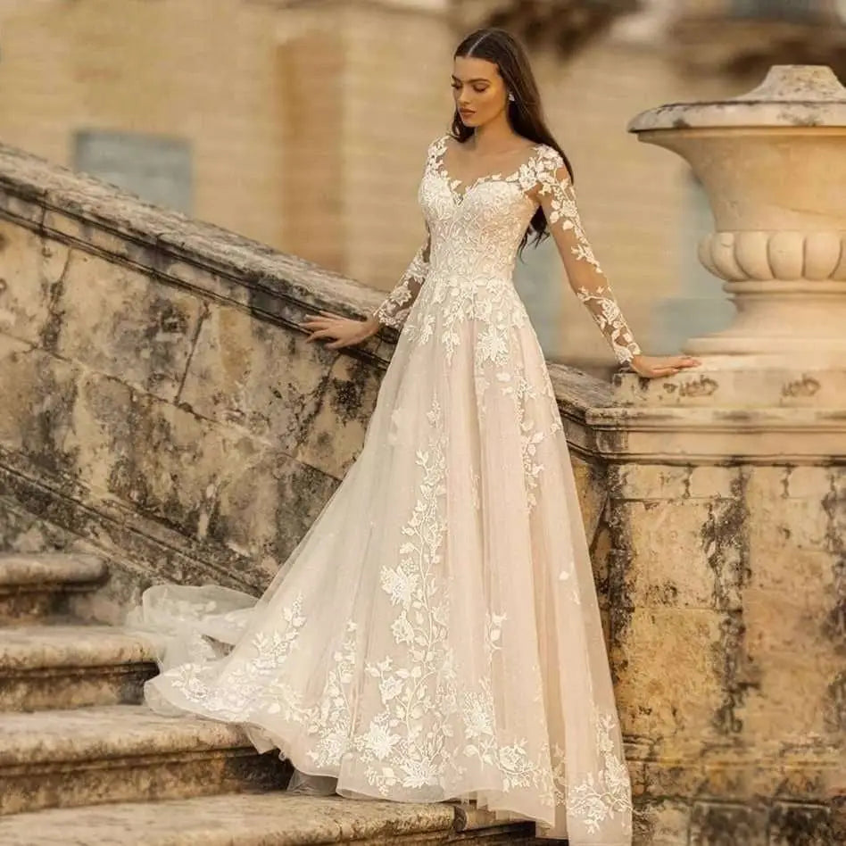 Long Sleeve Wedding Dress Mori Style Ivory Lace