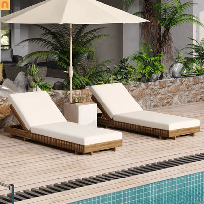 Chaise Lounge Acacia Wood Cream Cushion 6 Position Adjustable 76.8in