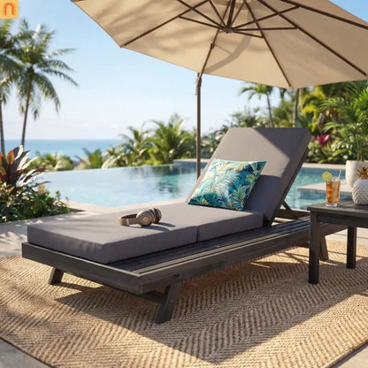 Chaise Lounge Acacia Wood Black Dark Gray 4 Position Adjustable 79in