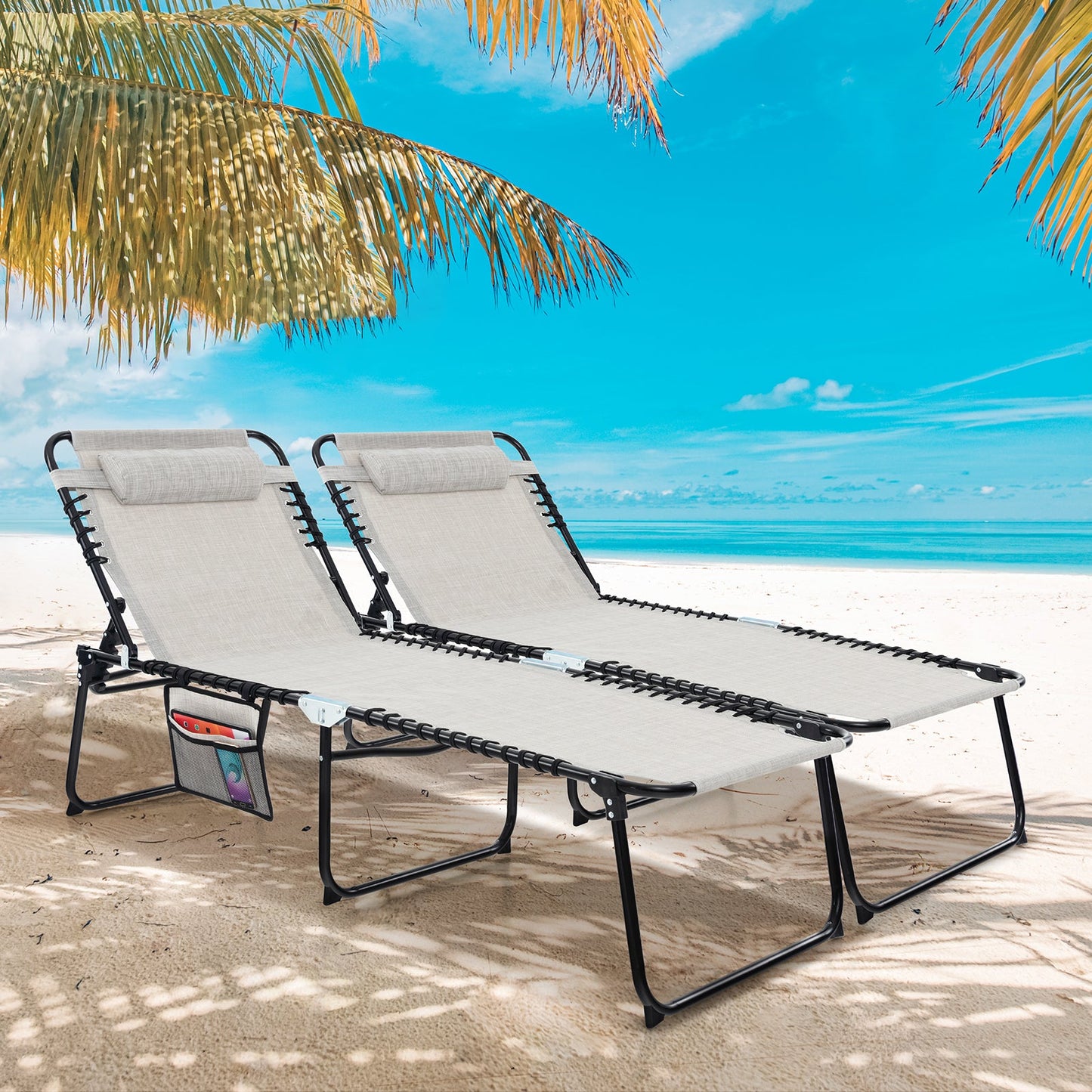 4 Position Folding Lounge Chaise with Adjustable Backrest and Footrest