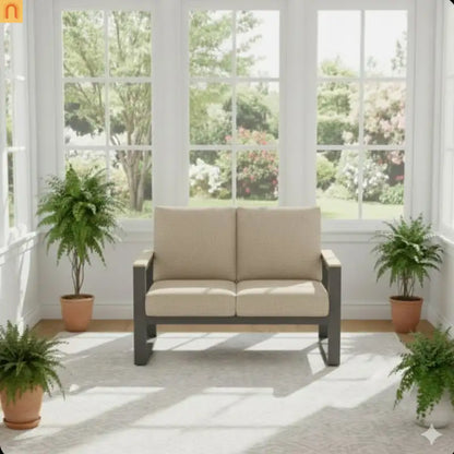 Outdoor Loveseat Aluminum Black Beige Cushion 52in 2 Seat U Leg Design