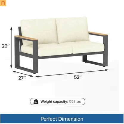 Outdoor Loveseat Aluminum Black Beige Cushion 52in 2 Seat U Leg Design