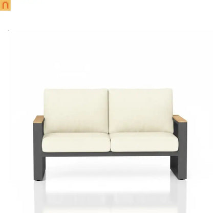 Outdoor Loveseat Aluminum Black Beige Cushion 52in 2 Seat U Leg Design