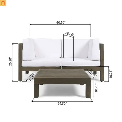 Outdoor Loveseat Set Acacia Wood White Cushions 3-Piece Table