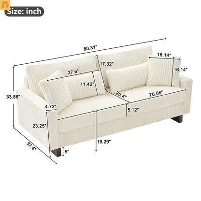 Loveseat Modern Square Arms Corduroy Beige 4 Pillows 80.31in