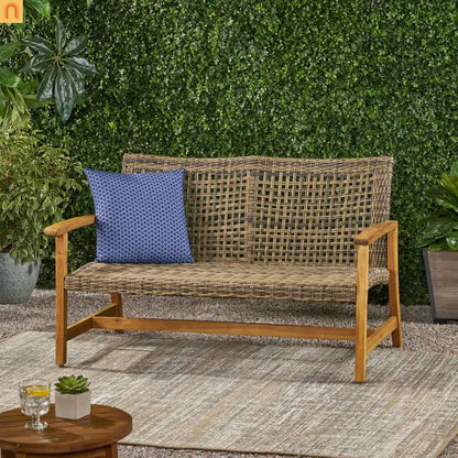 Outdoor Loveseat Acacia Wood Wicker Natural Gray 52in