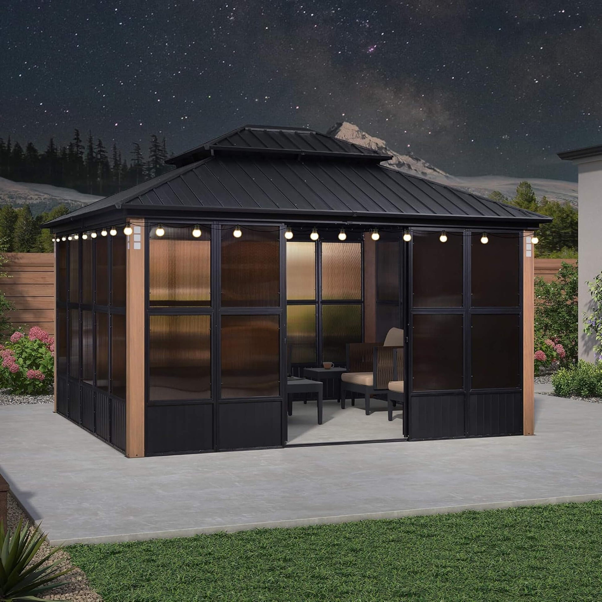 Alora Oasis 12x14 sunroom at night
