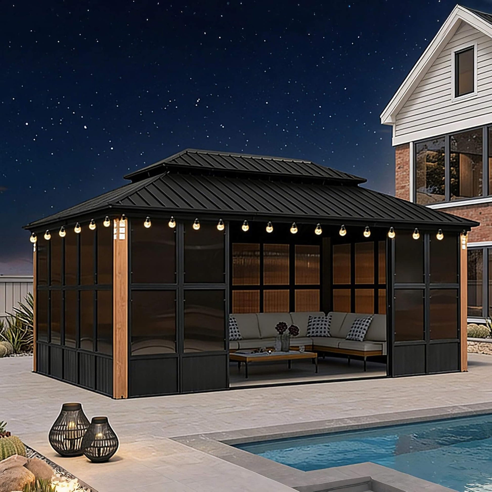 Alora Oasis 12x18 sunroom on patio at night