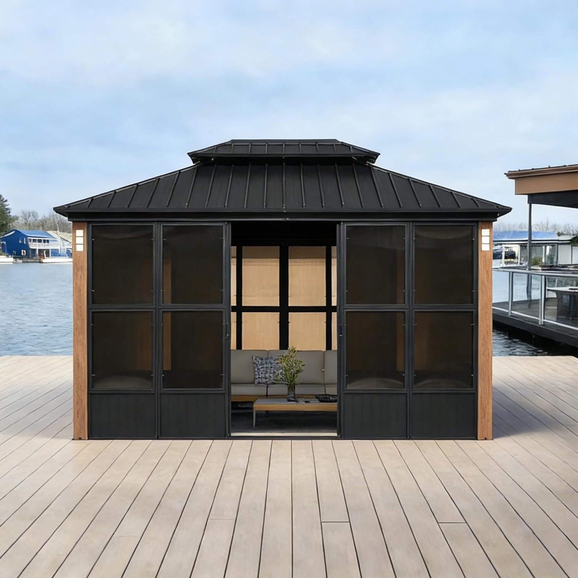Alora Oasis luxury hardtop sunroom on dock during daytime