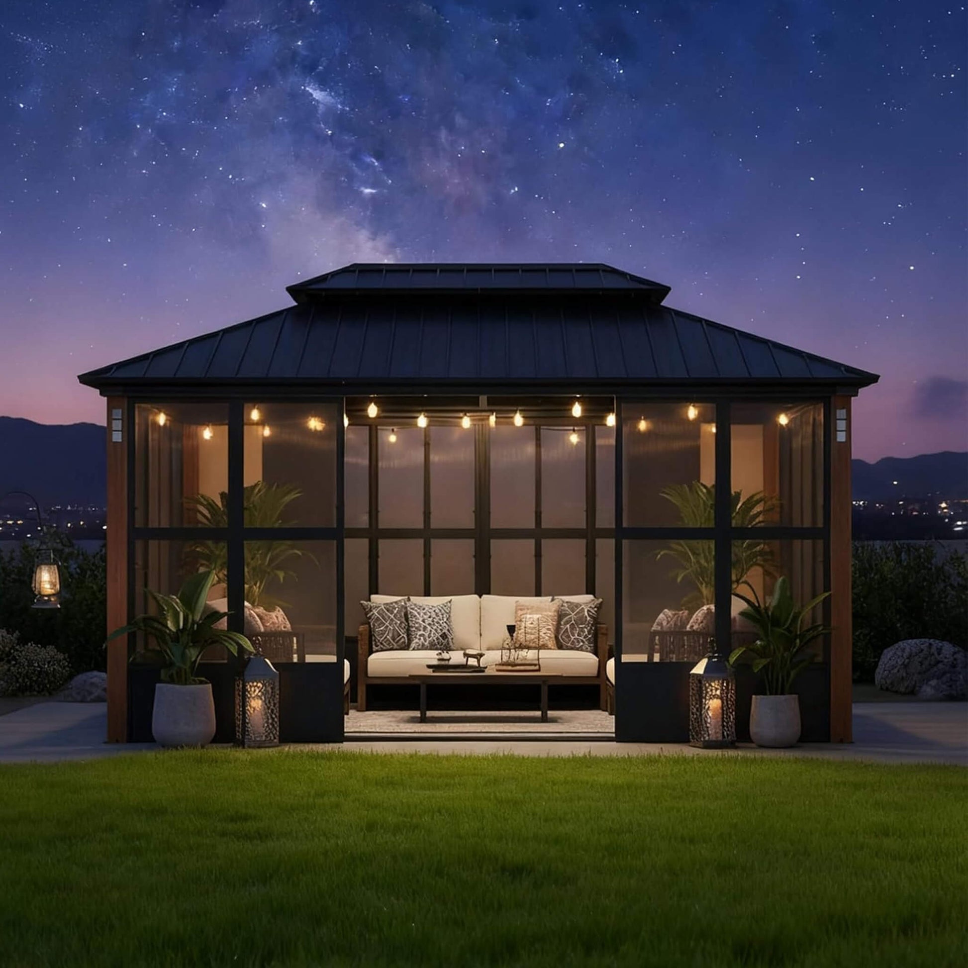 Alora Oasis hardtop sunroom on grass at night