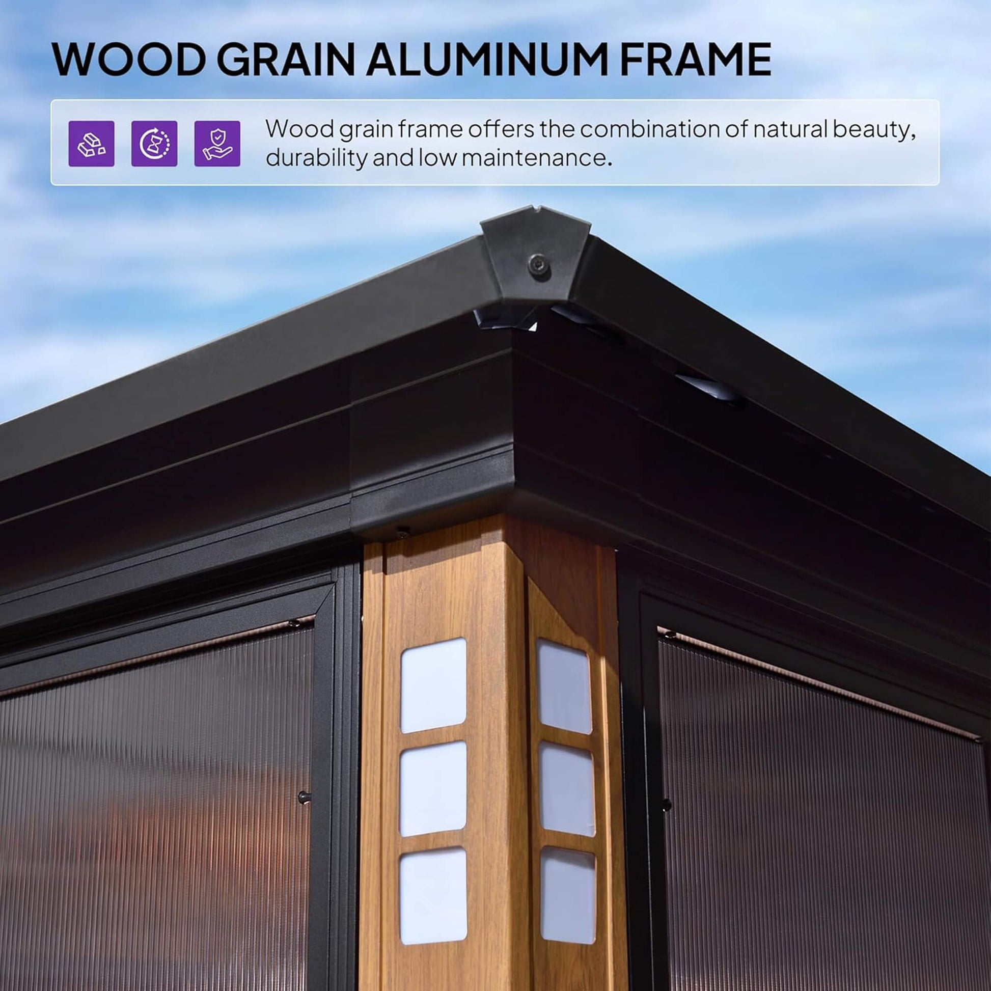 Alora Oasis sunroom wood grain aluminum frame
