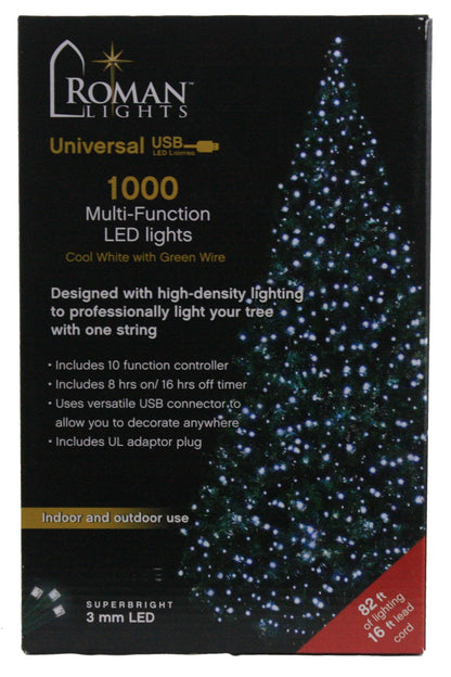 USB powered 1000 Superbright LED (82 foot) Green Wire Multifunction Lights with Timer - Cool White