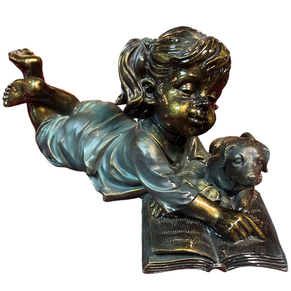Girl and Pup Reading Figurine