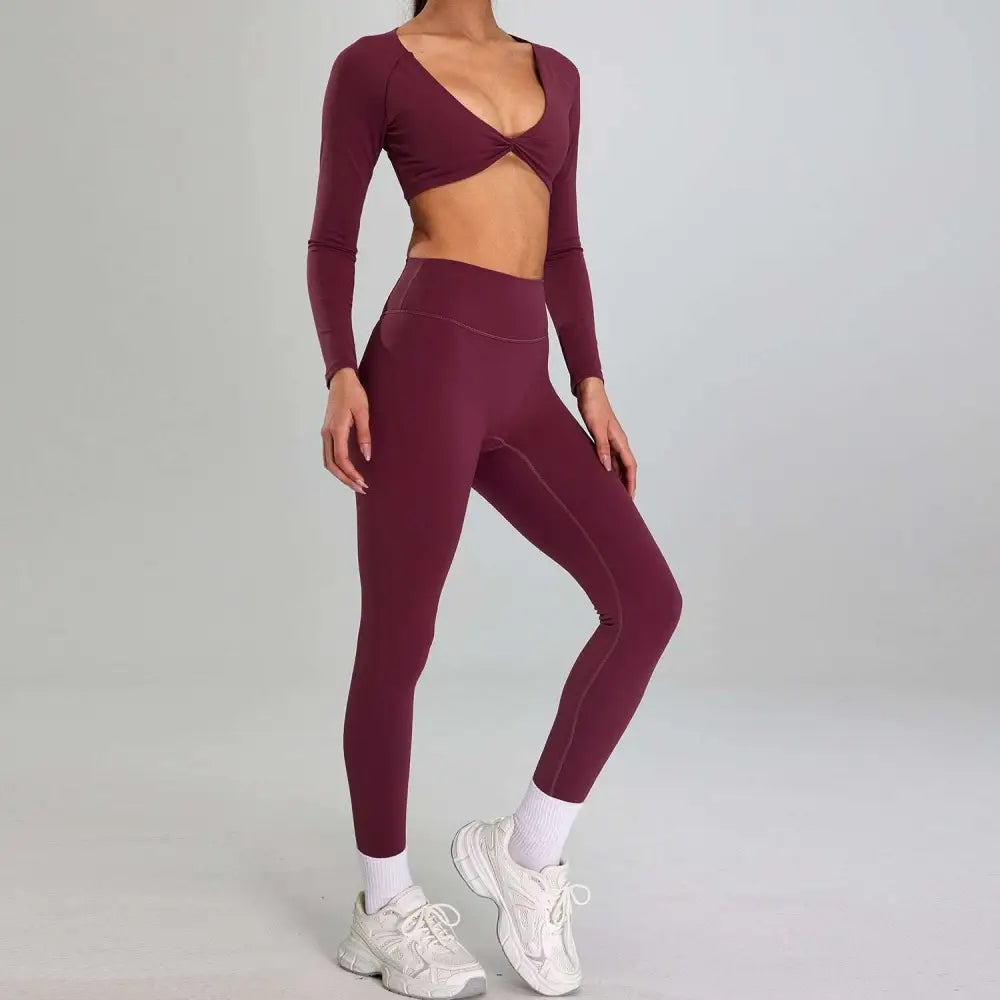 Maroon High Waist Suit Outdoor Running Nude Set