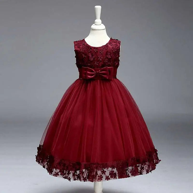 Maroon Lace Kids Girls Princess Flower Girl Dress