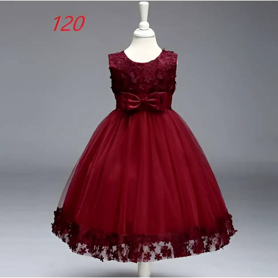 Maroon Lace Kids Girls Princess Flower Girl Dress