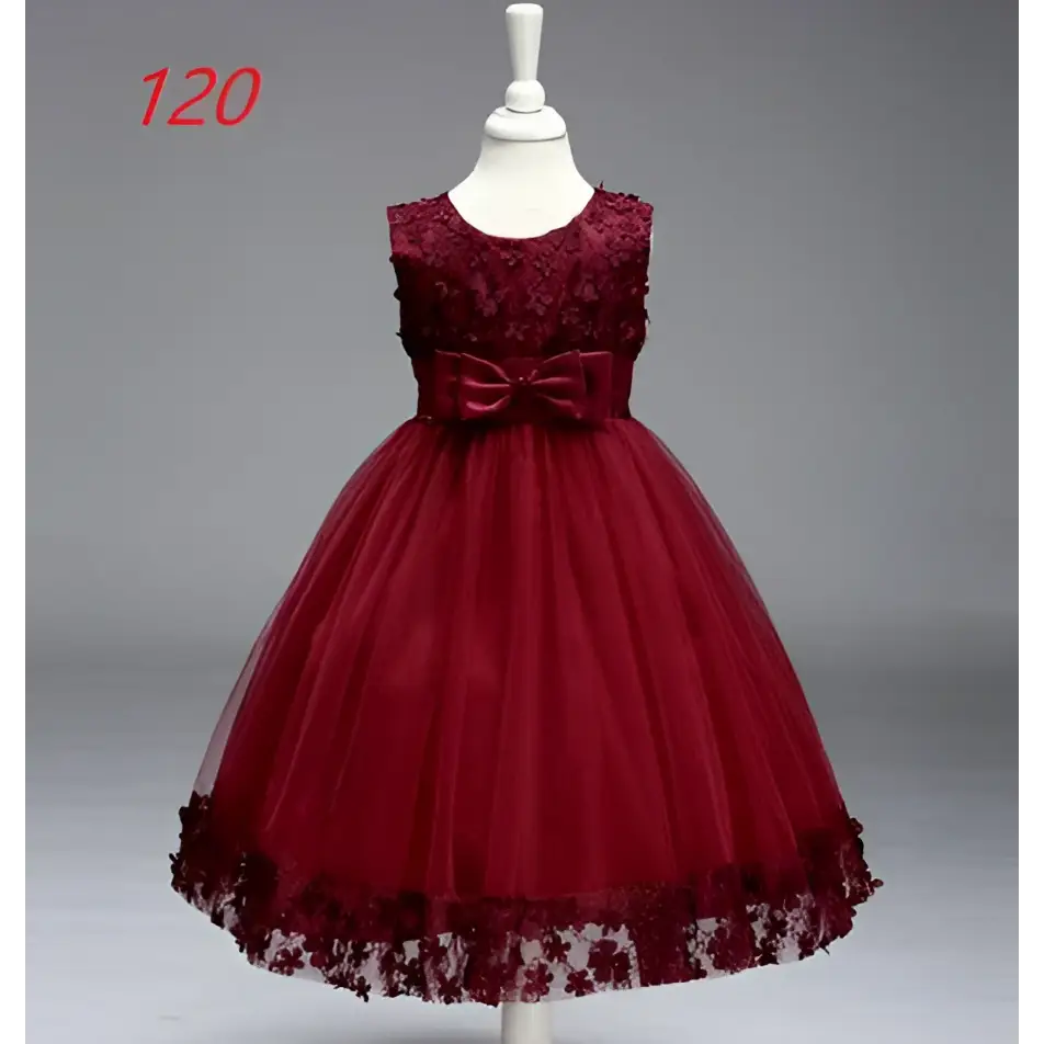 Maroon Lace Kids Girls Princess Flower Girl Dress