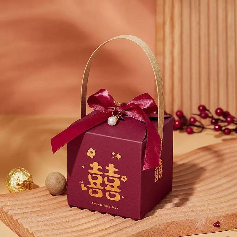 Maroon Minimalist Wedding Candy Gift Box with Gold Handle